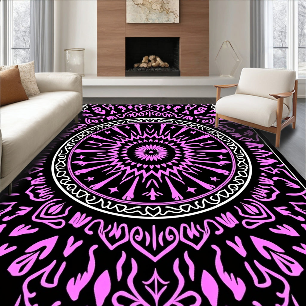 Vibrant Pink Mandala Black Background Rug