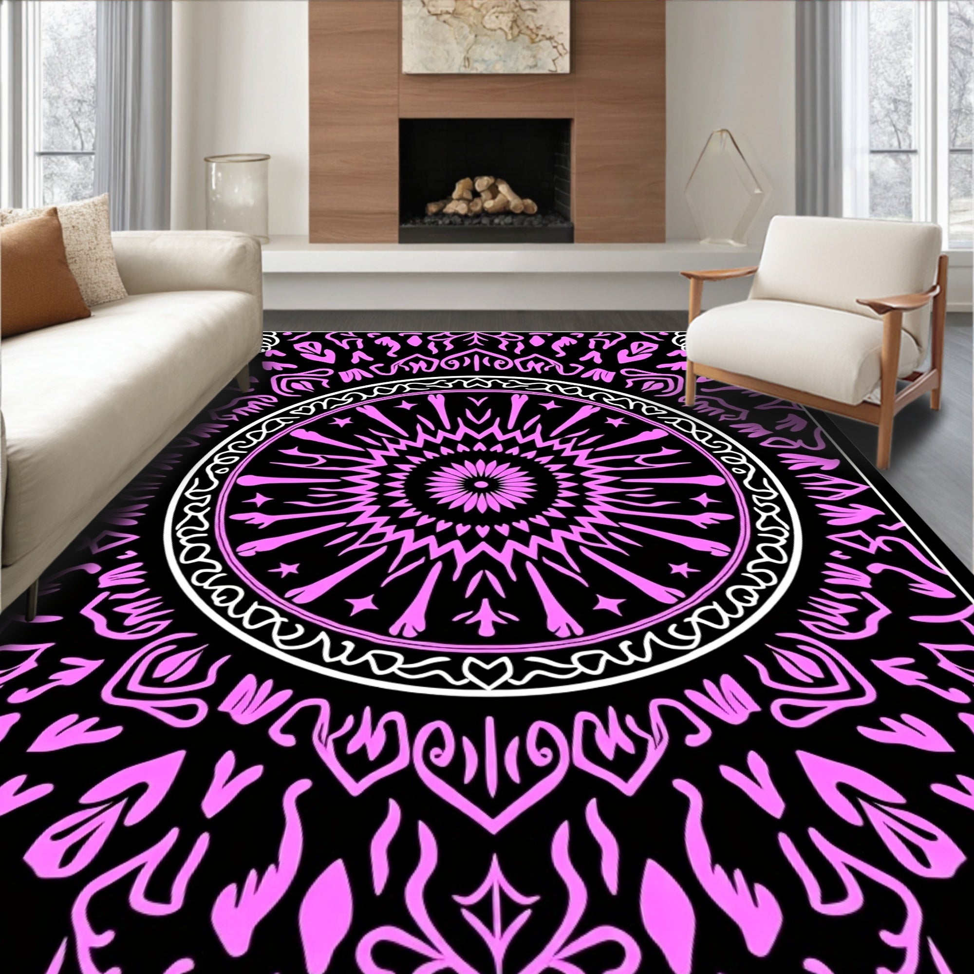 Vibrant Pink Mandala Black Background Rug