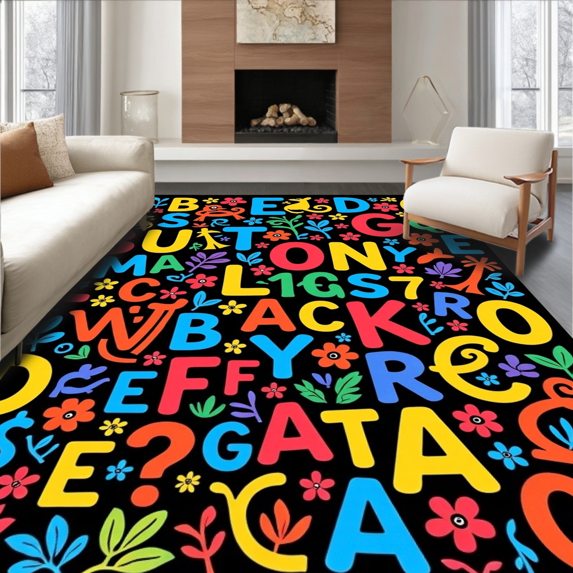 Colorful Alphabet Flowers and Animals Rug