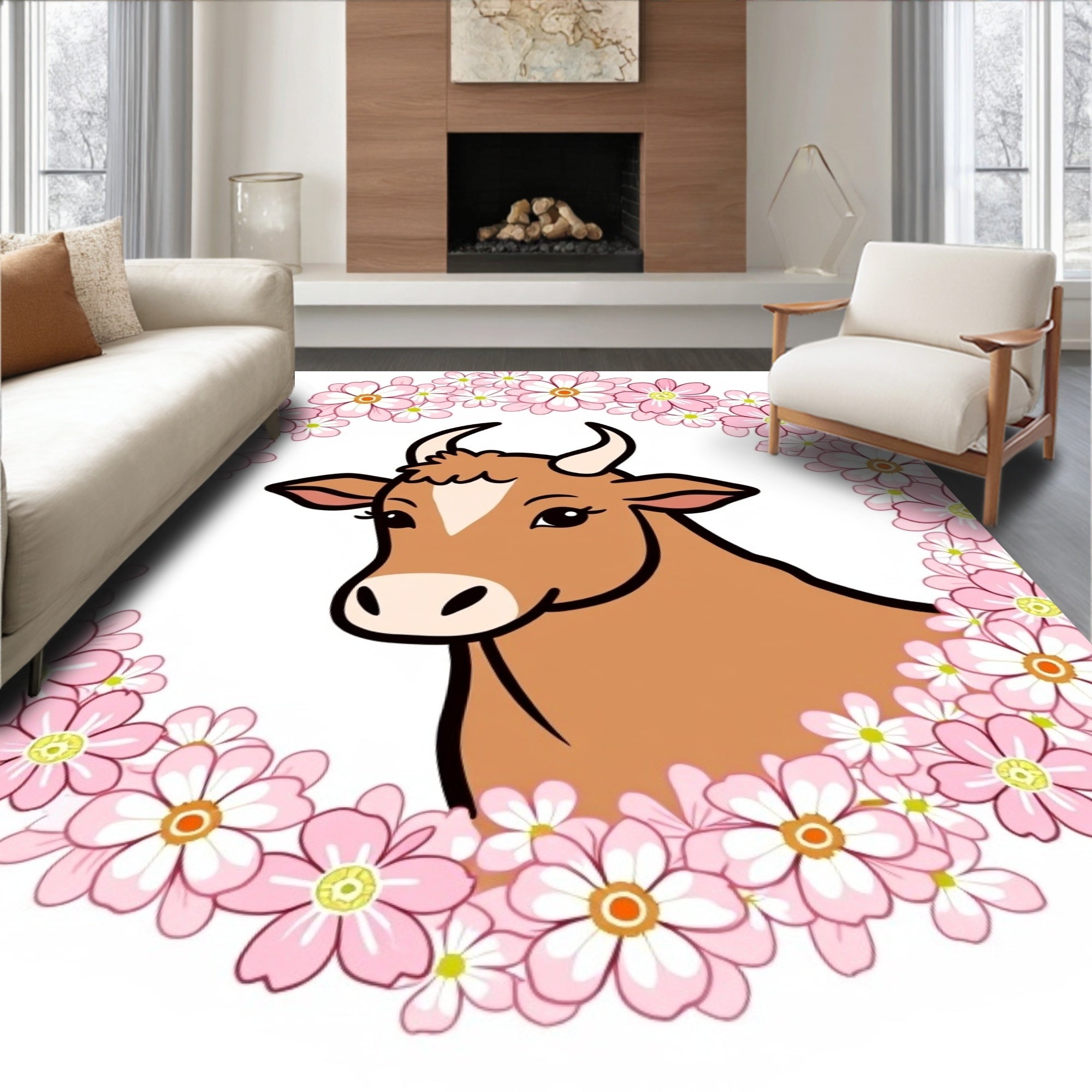Cute Cow Pink Floral Wreath Rug