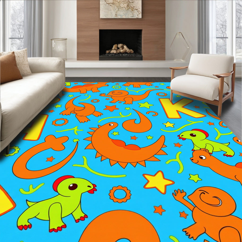 Cute Orange Green Dinosaurs Alphabet Rug