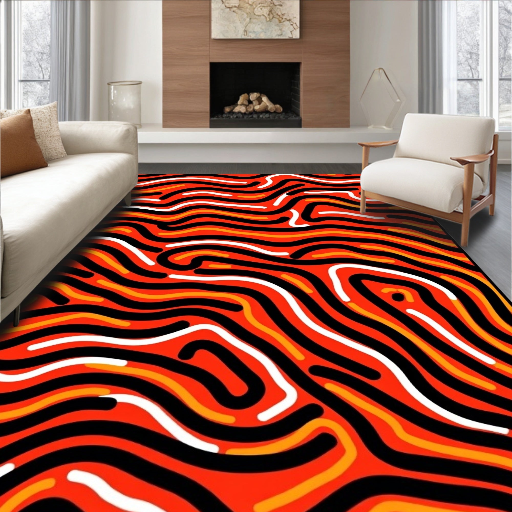 Vibrant Red Wavy Abstract Lines Rug