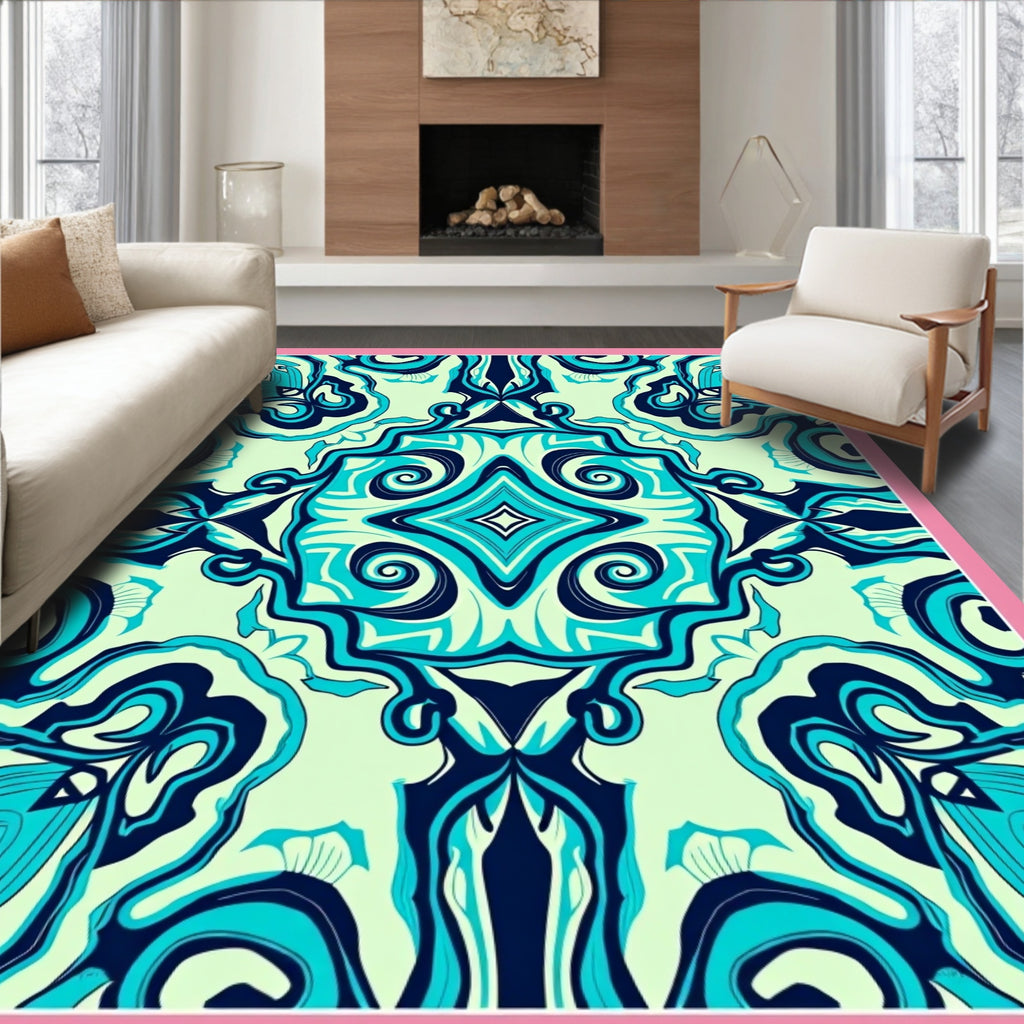 Turquoise Abstract Swirl Medallion Rug