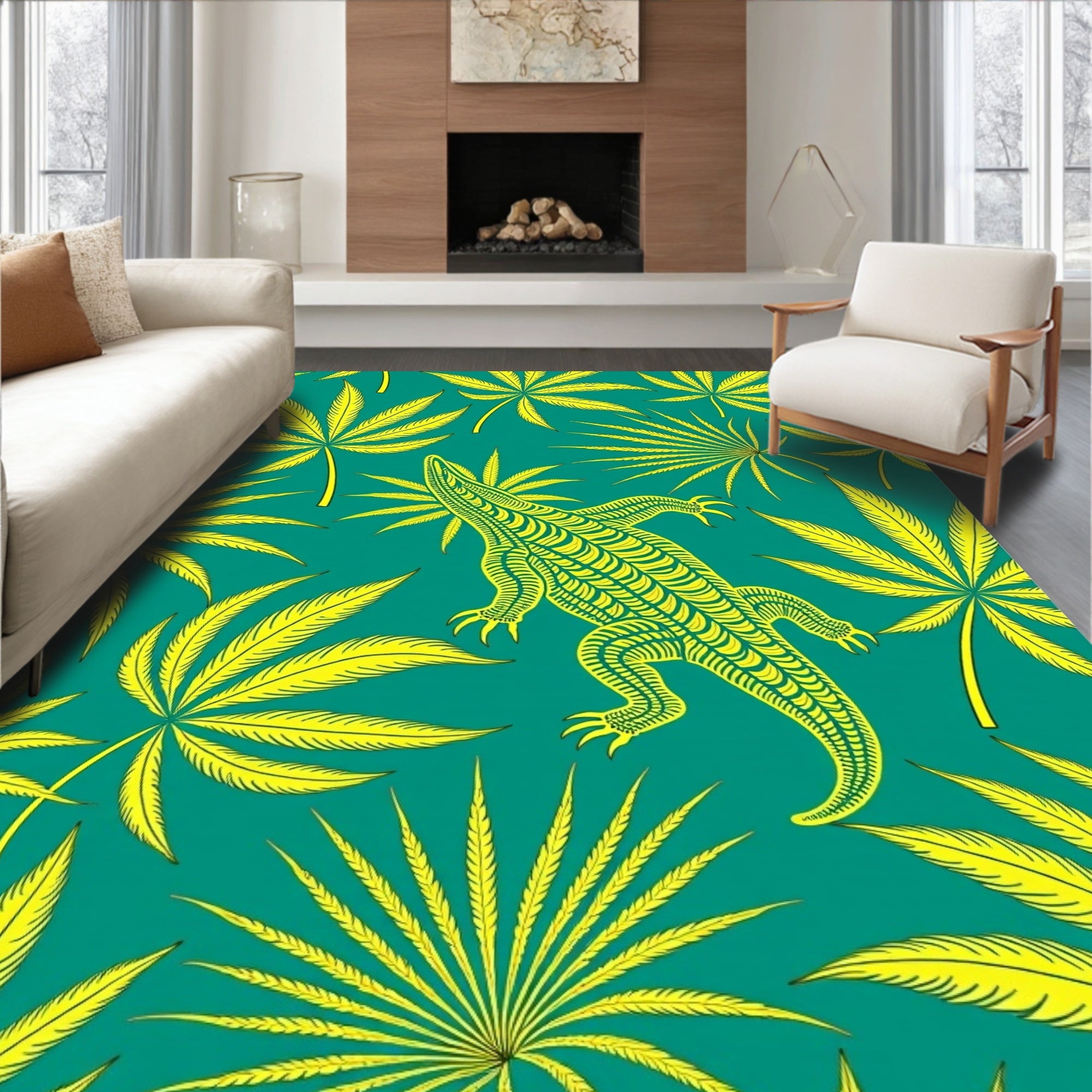 Lizard Leafy Teal Emerald Alligator Rug