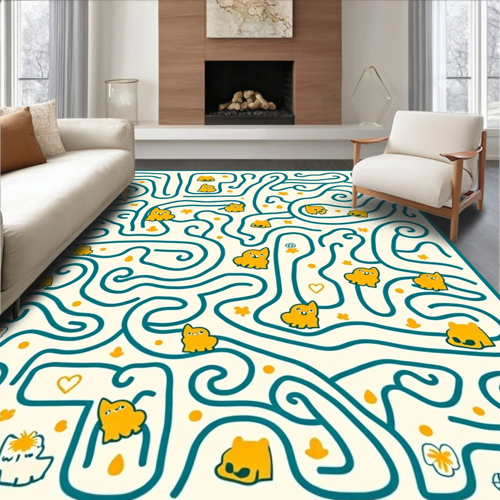 Teal Maze Yellow Whimsical Creatures Rug