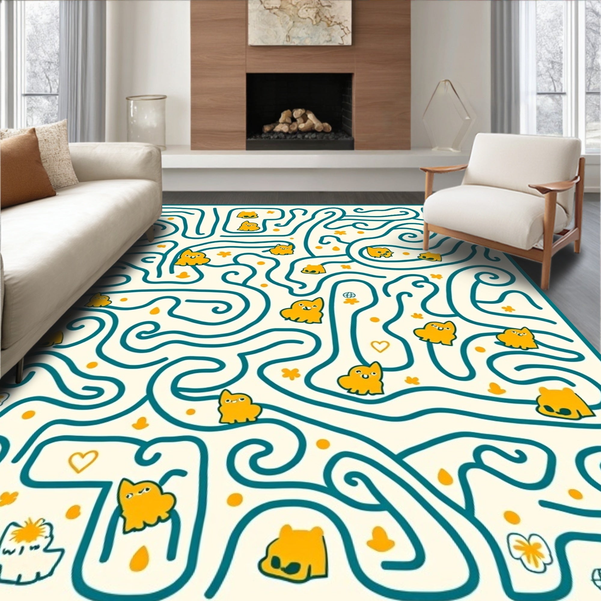 Teal Maze Yellow Whimsical Creatures Rug