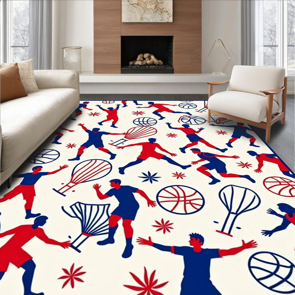 Red Blue Basketball Players Action Scene Rug