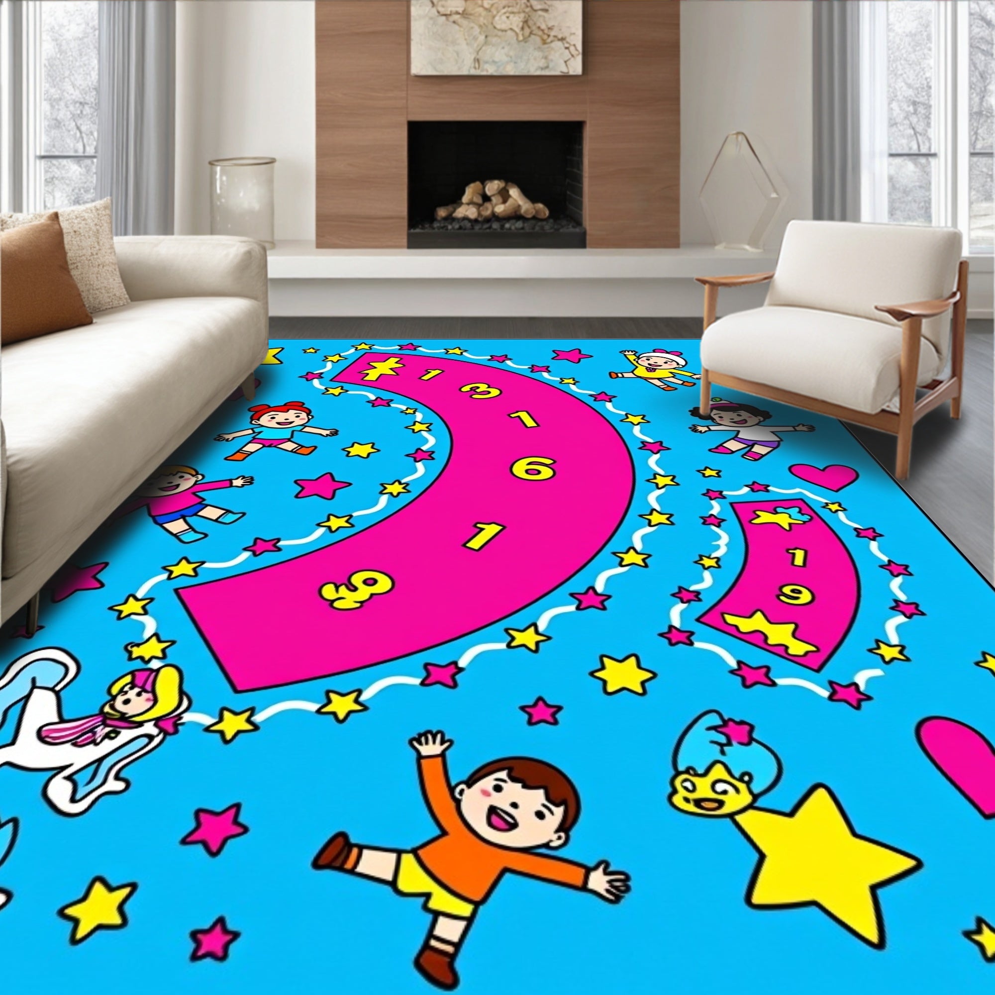 Whimsical Kids Star Hearts Playful Numbers Rug