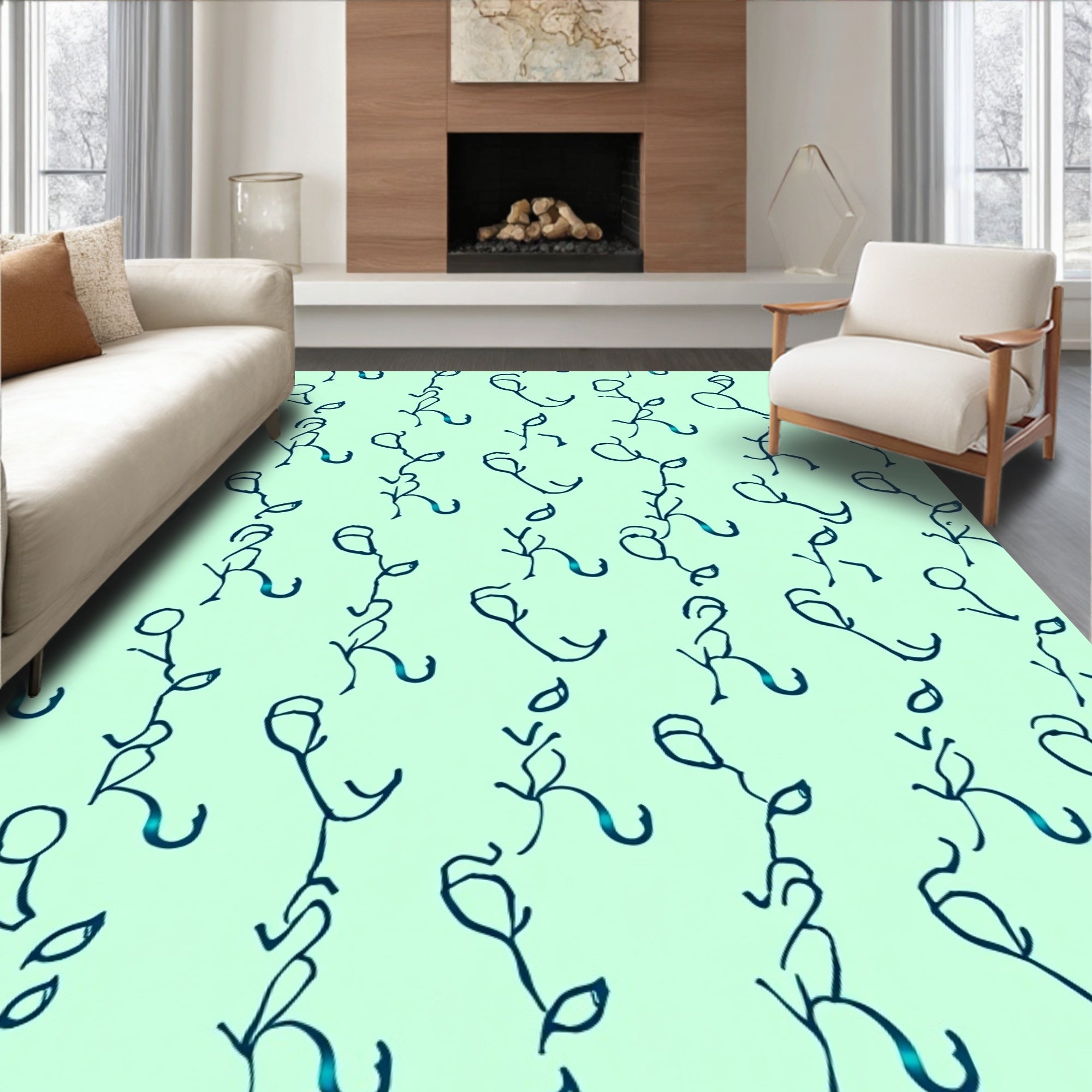 Teal Botanical Sketch Repeat Rug
