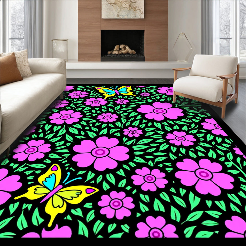 Pink Floral Garden Butterfly Illustration Rug