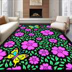Pink Floral Garden Butterfly Illustration Rug