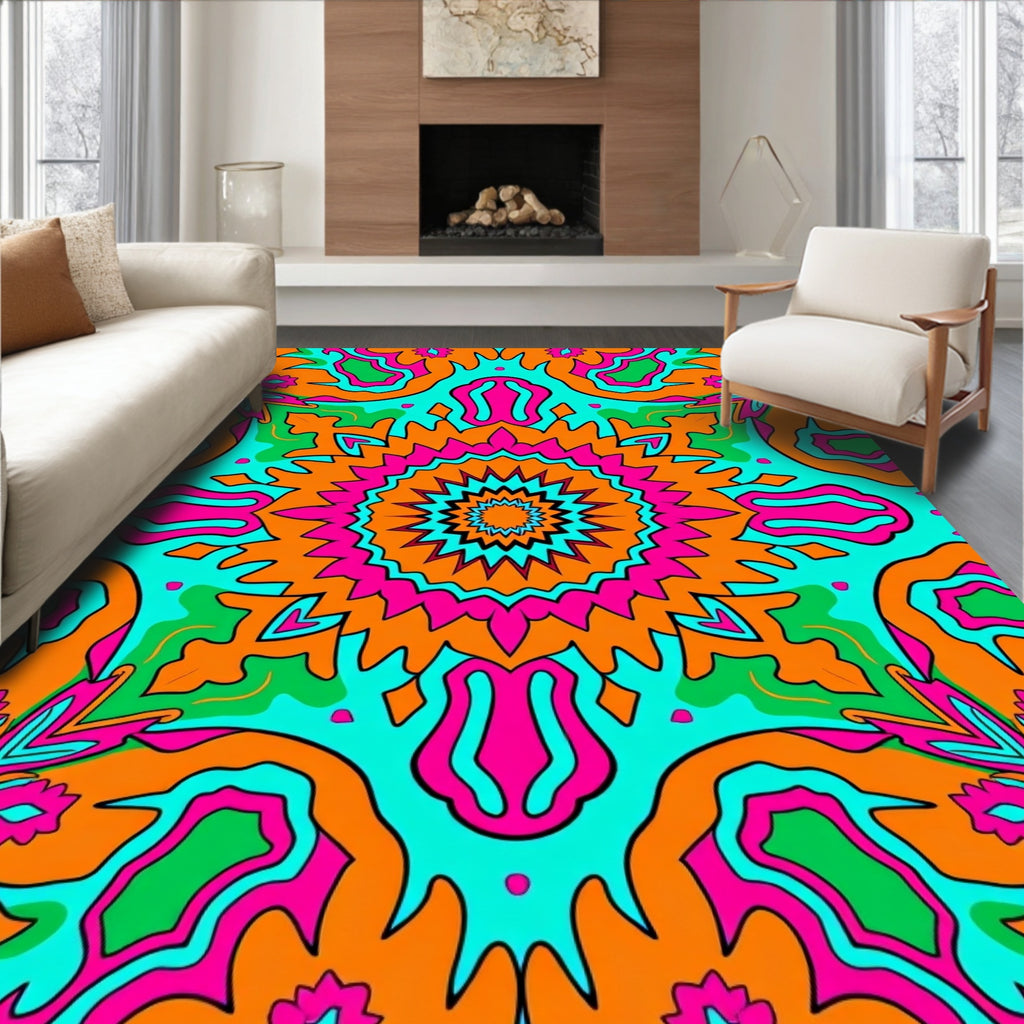 Psychedelic Orange Pink Teal Starburst Rug