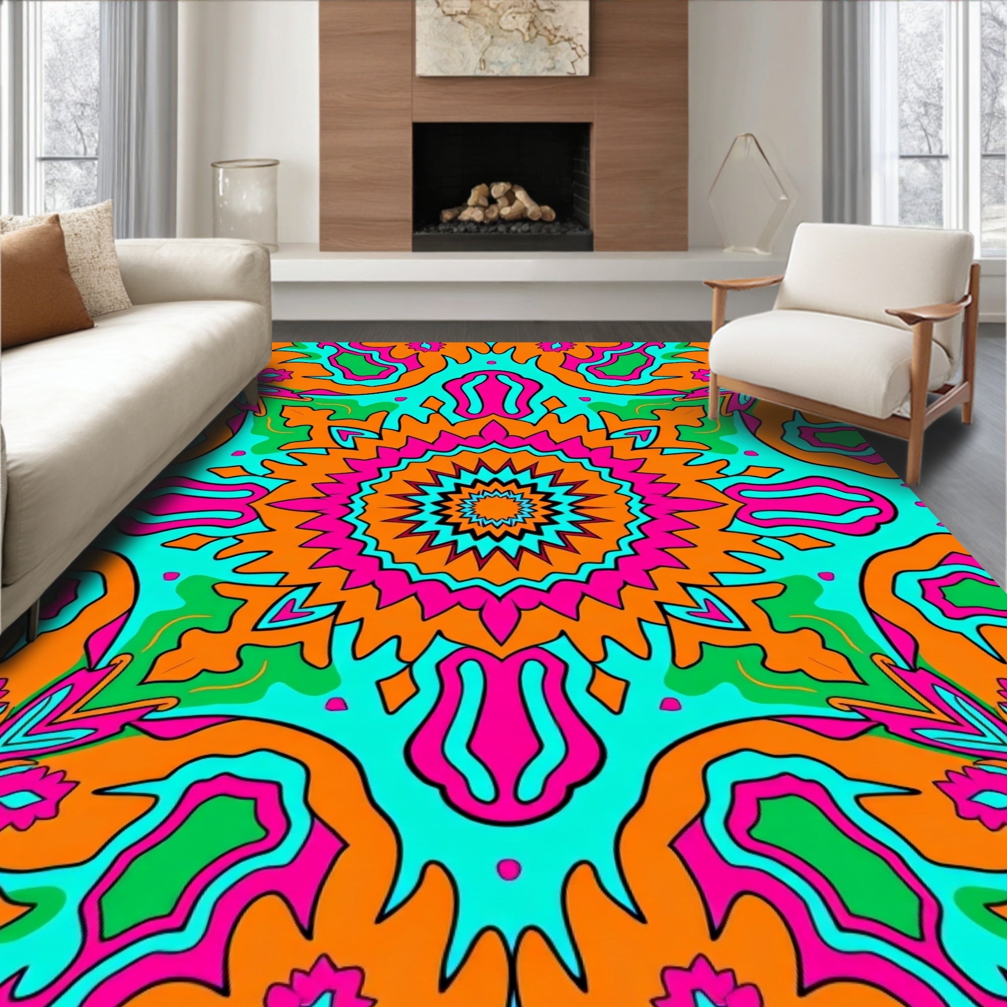 Psychedelic Orange Pink Teal Starburst Rug