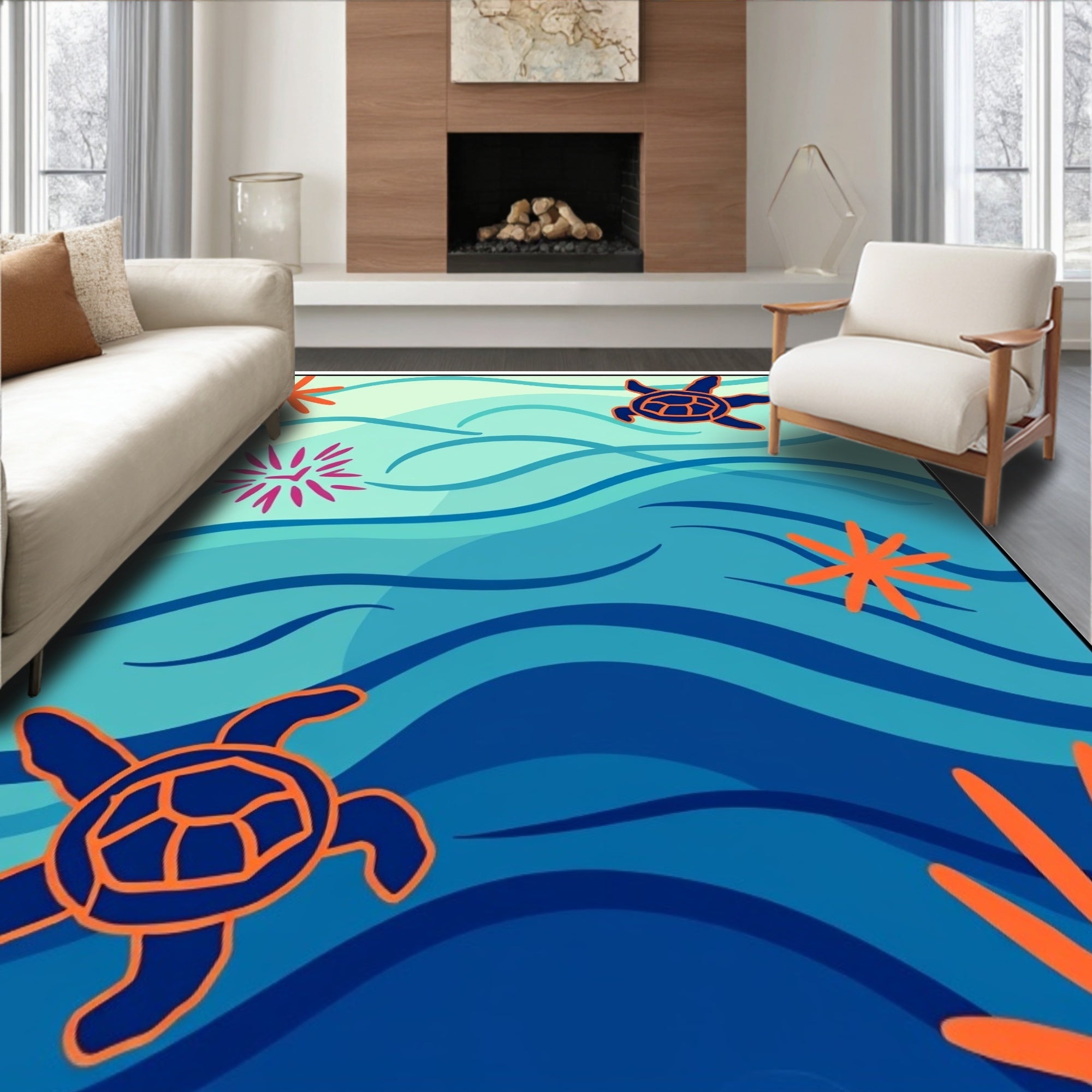Ocean Turtle Waves Navy Coral Rug