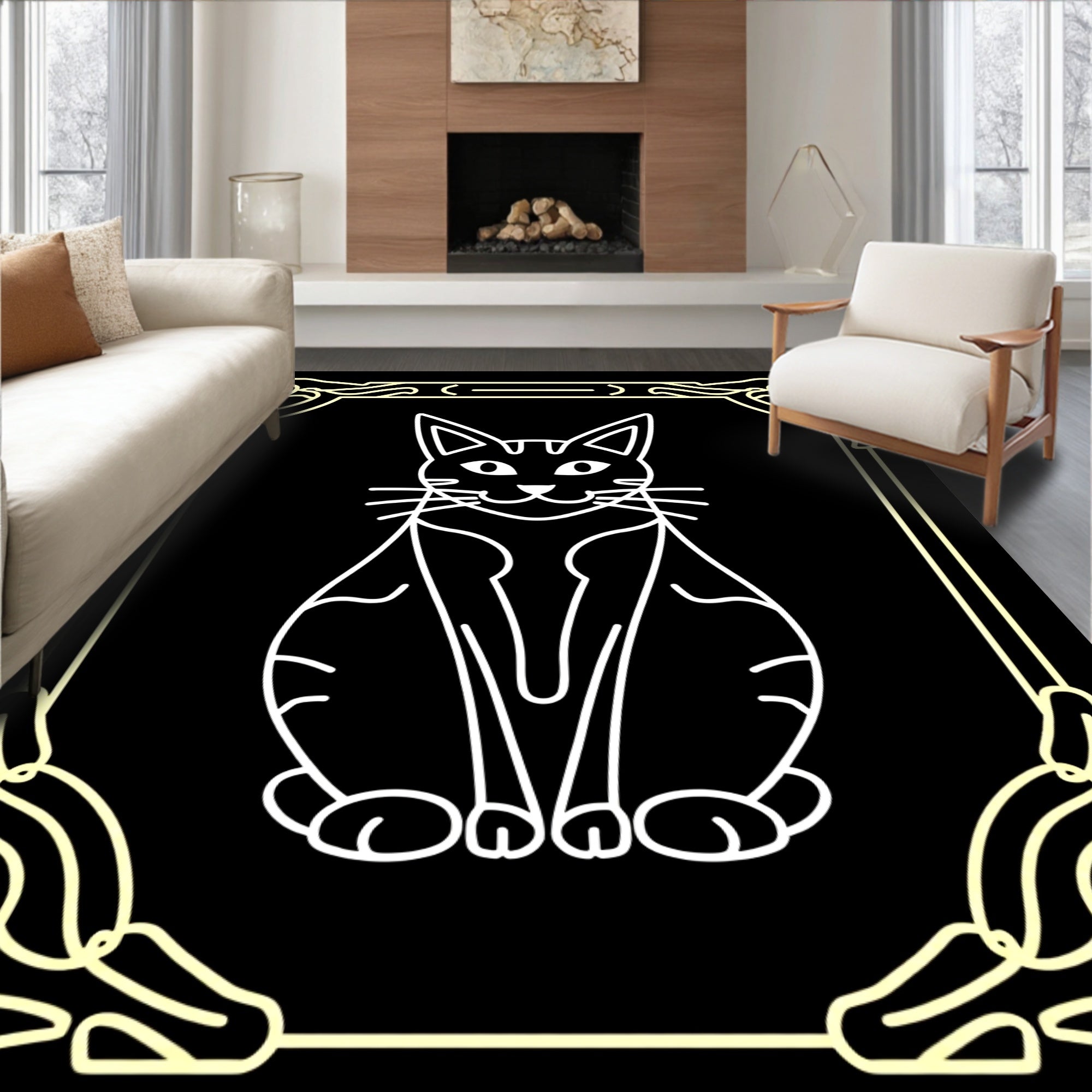 Art Deco Yellow Cat Silhouette Rug