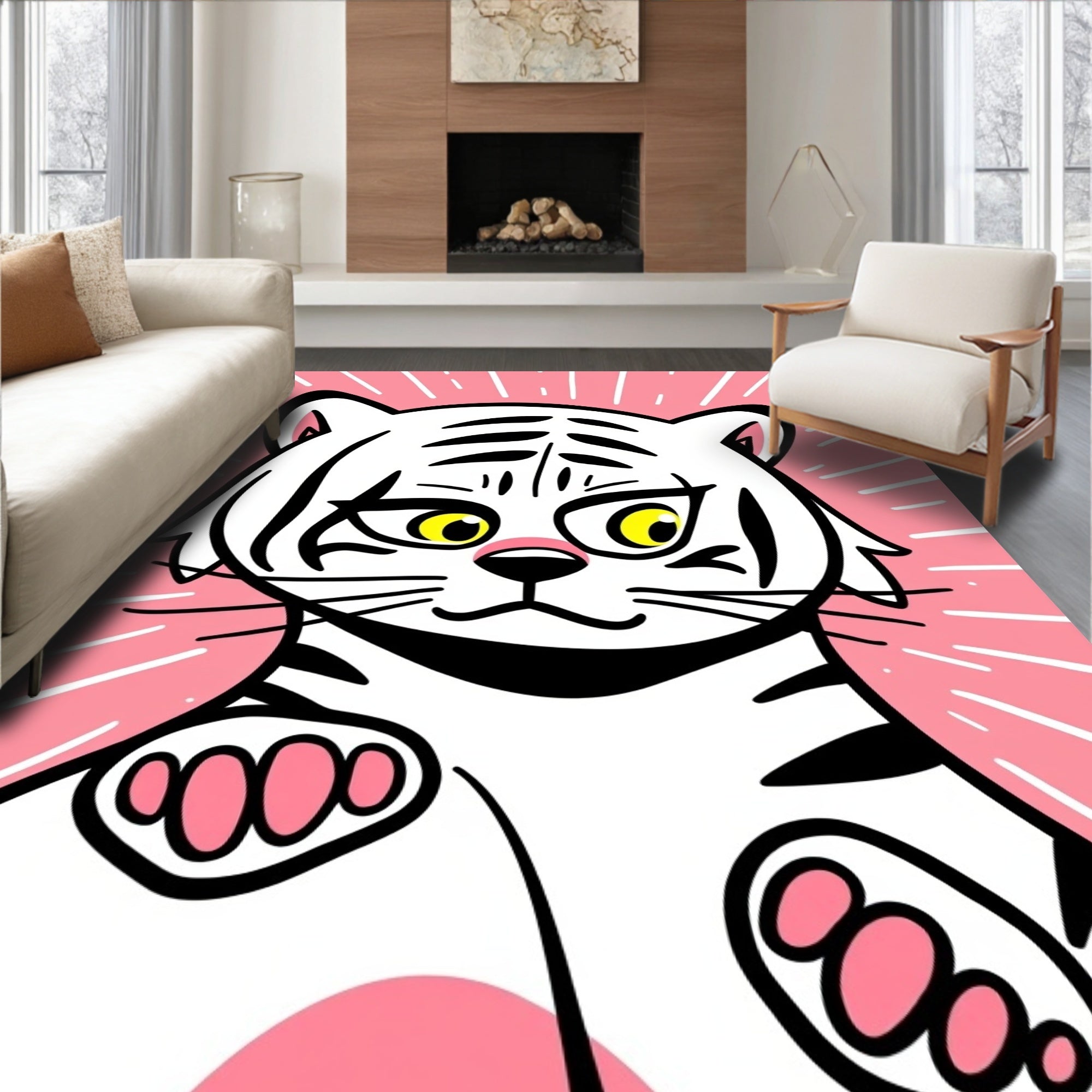 Cute White Tiger Pink Burst Rug