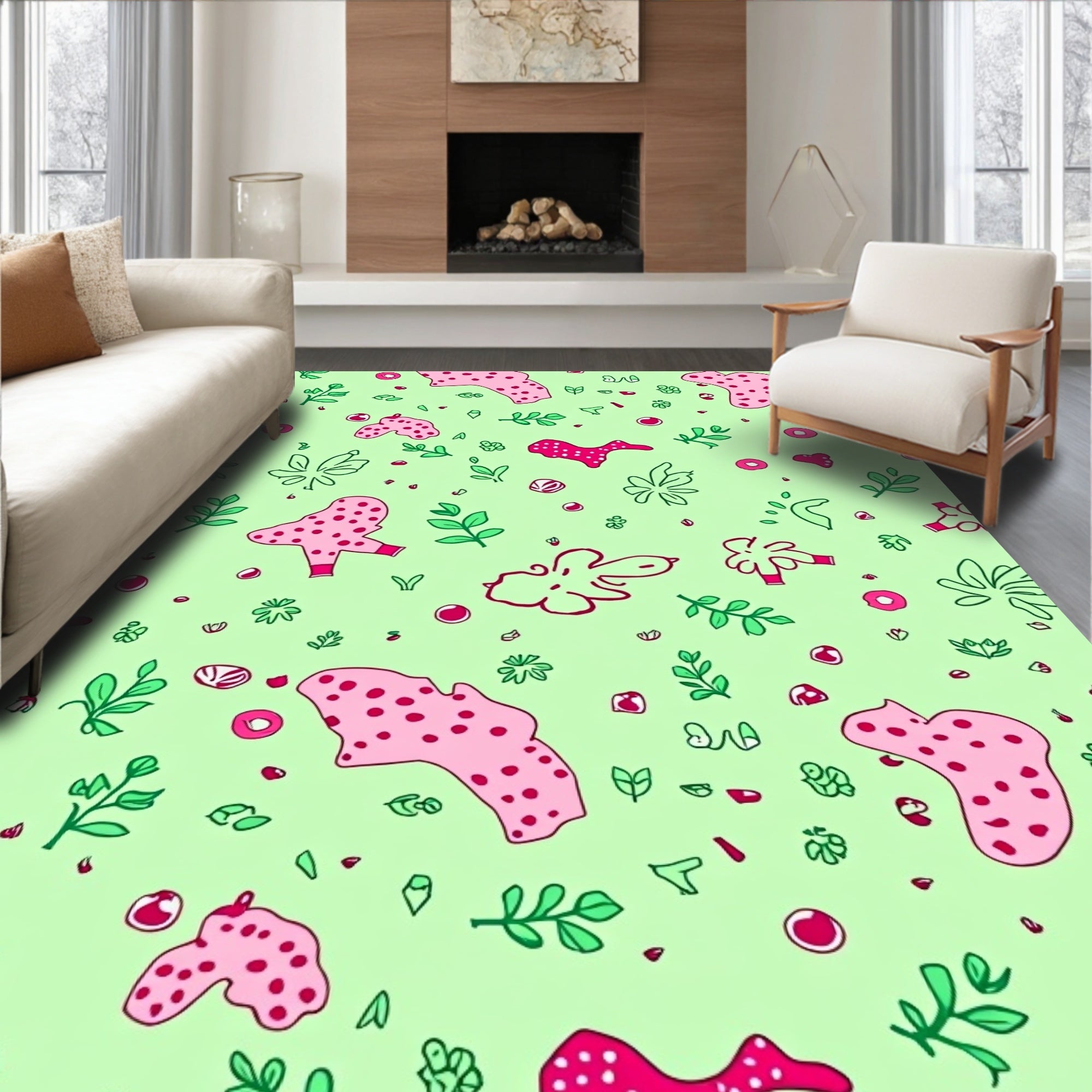 Pastel Pink Polka Dot Foliage Abstract Rug