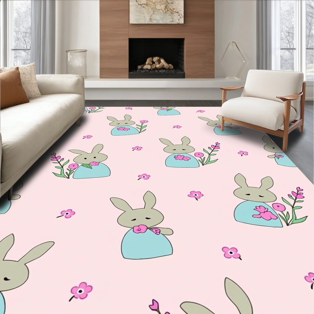 Cute Bunny Floral Garden Pink Rug