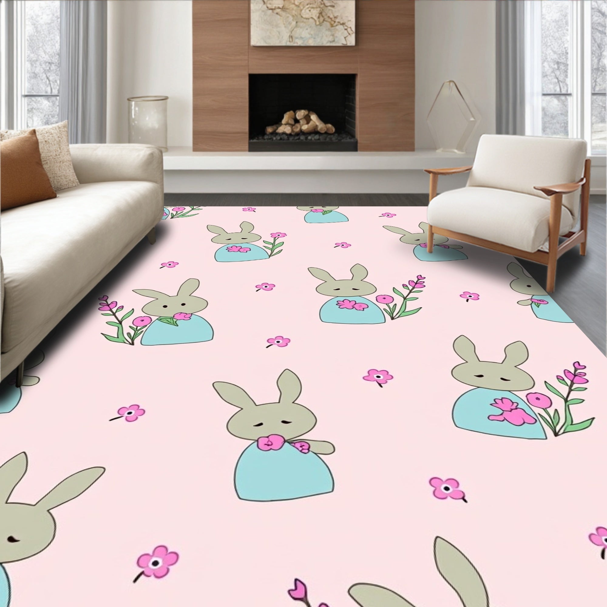 Cute Bunny Floral Garden Pink Rug