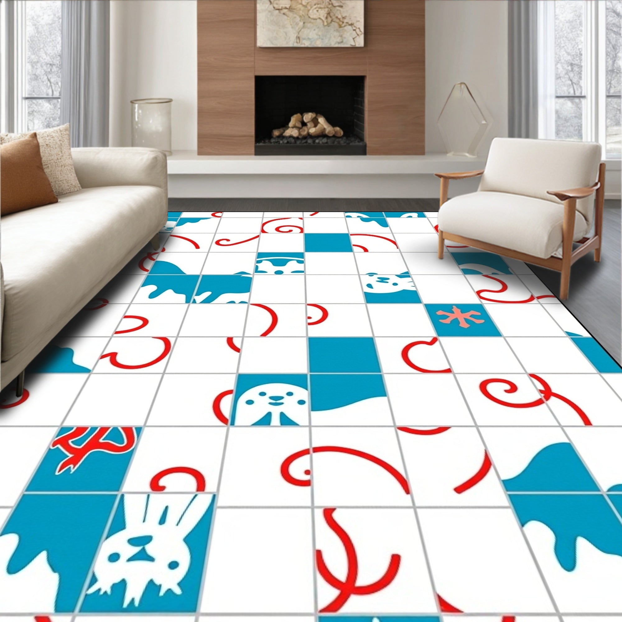 Playful White Blue Red Animal Squares Rug