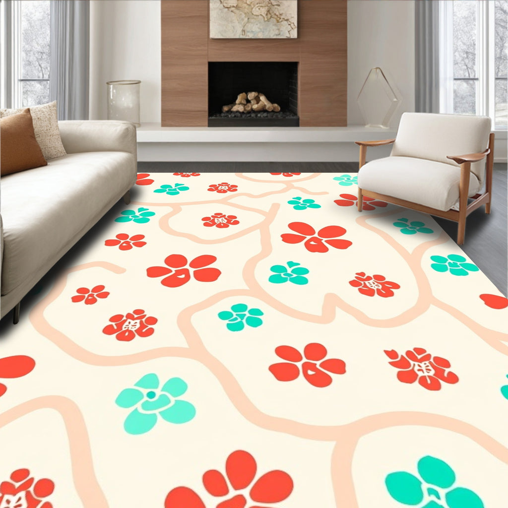 Coral Teal Blossom Vine Rug