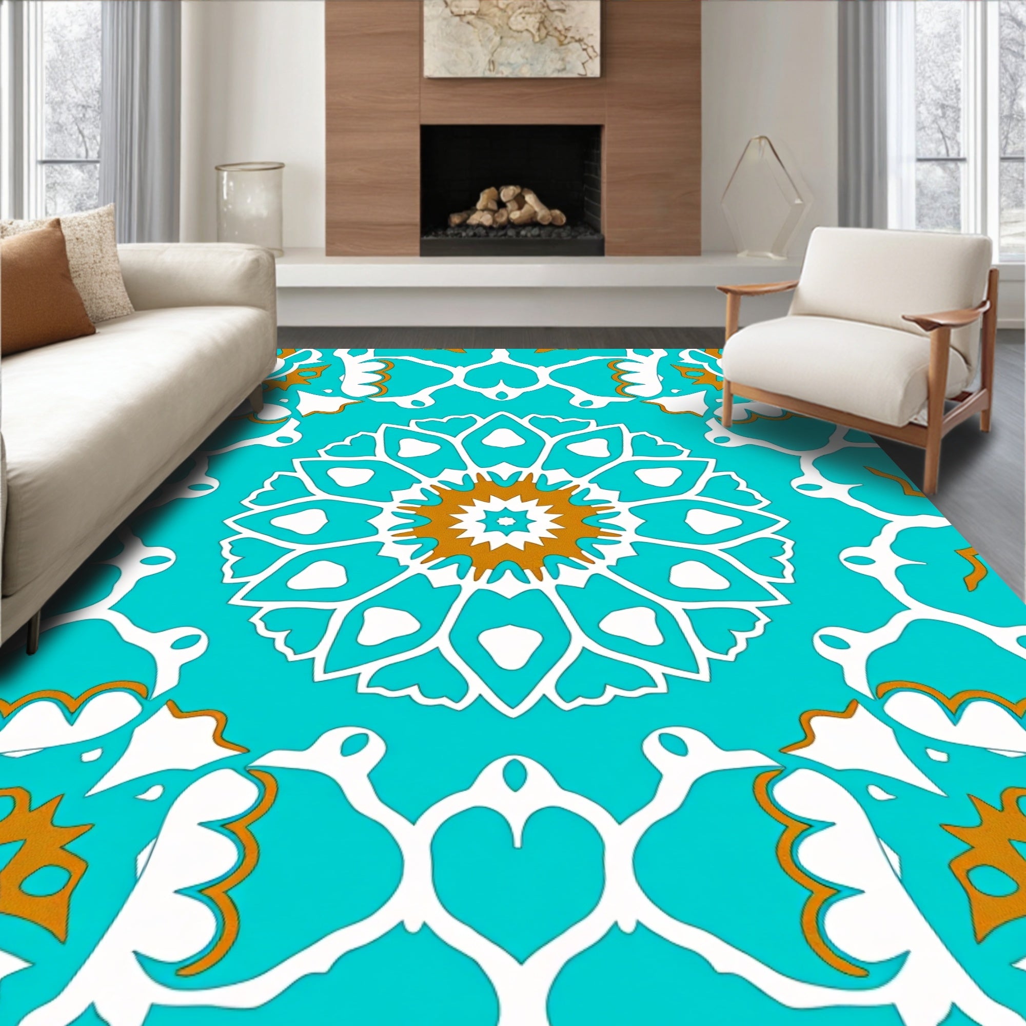 Teal White And Gold Floral Mandala Rug