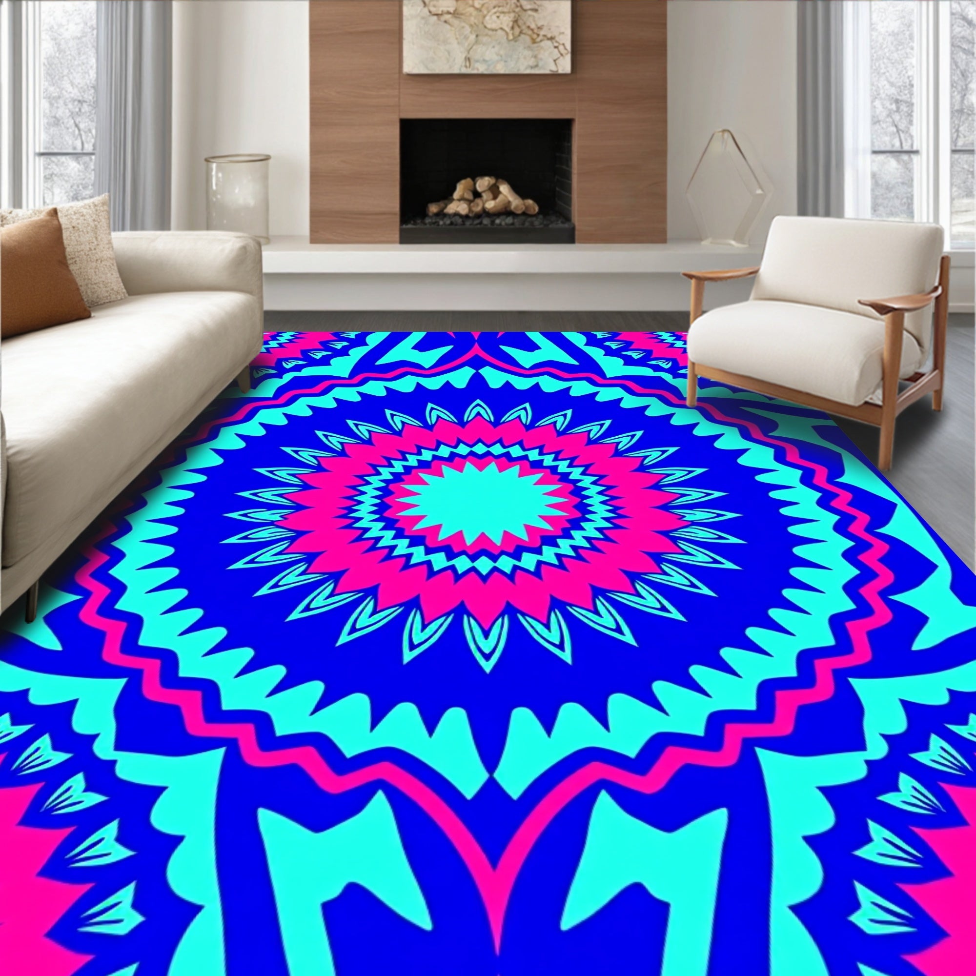 Vibrant Blue Pink Sunburst Mandala Rug