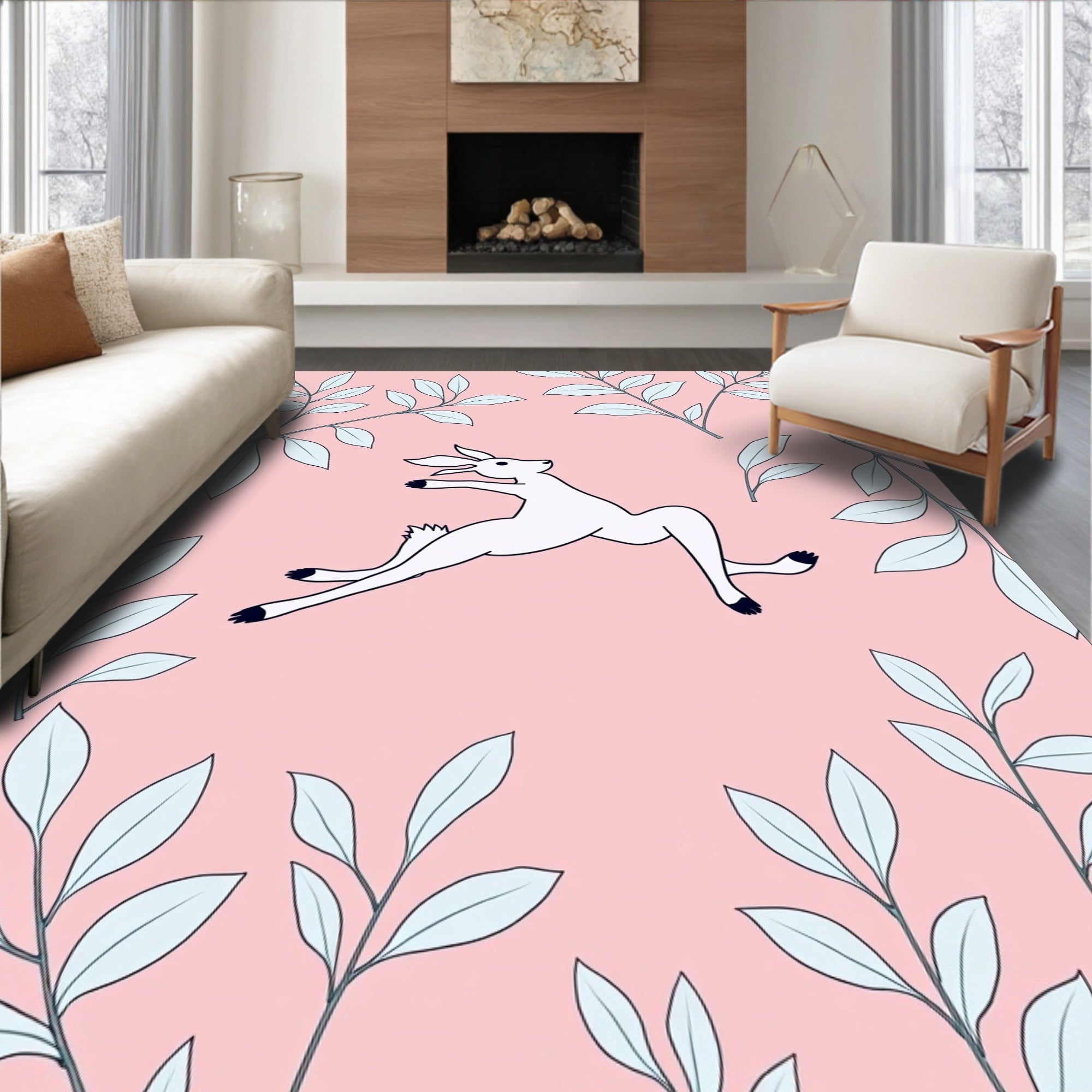 Bunny with Leaves Pastel Field Rug