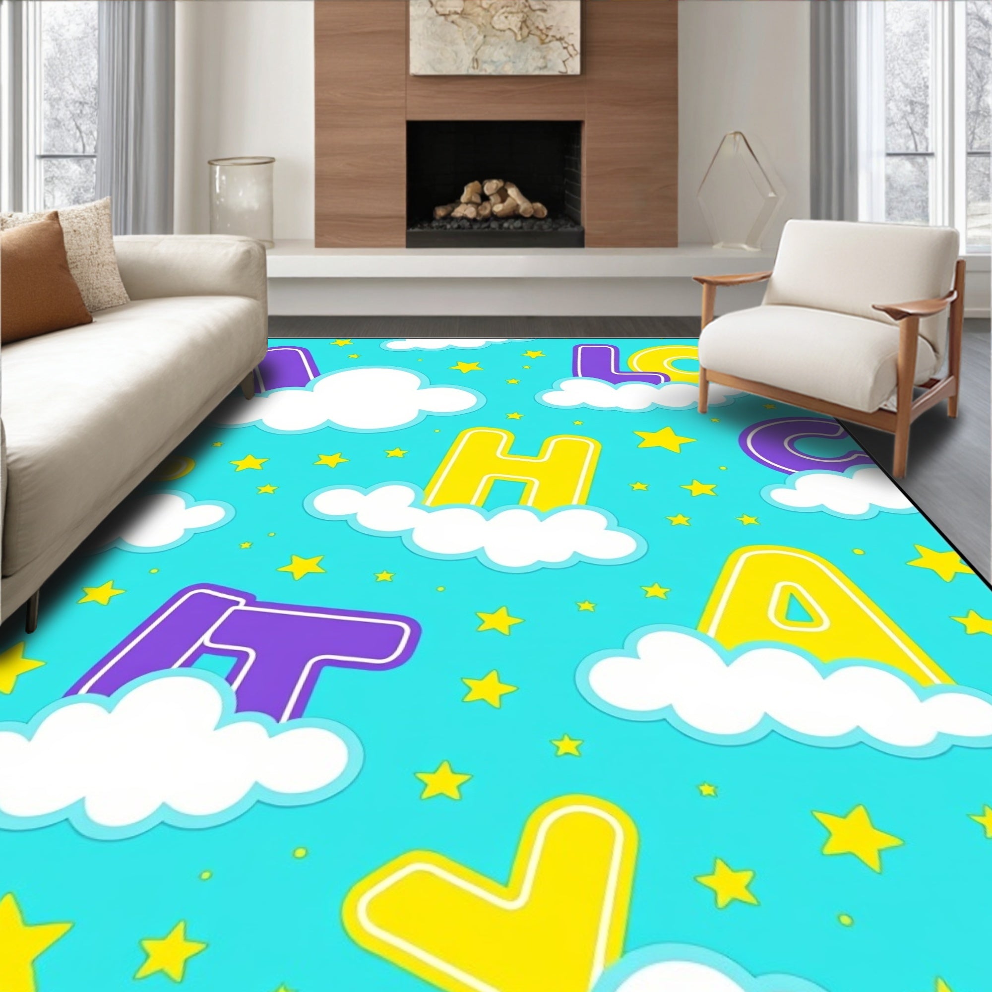 Bright Yellow Purple Alphabet Clouds Rug