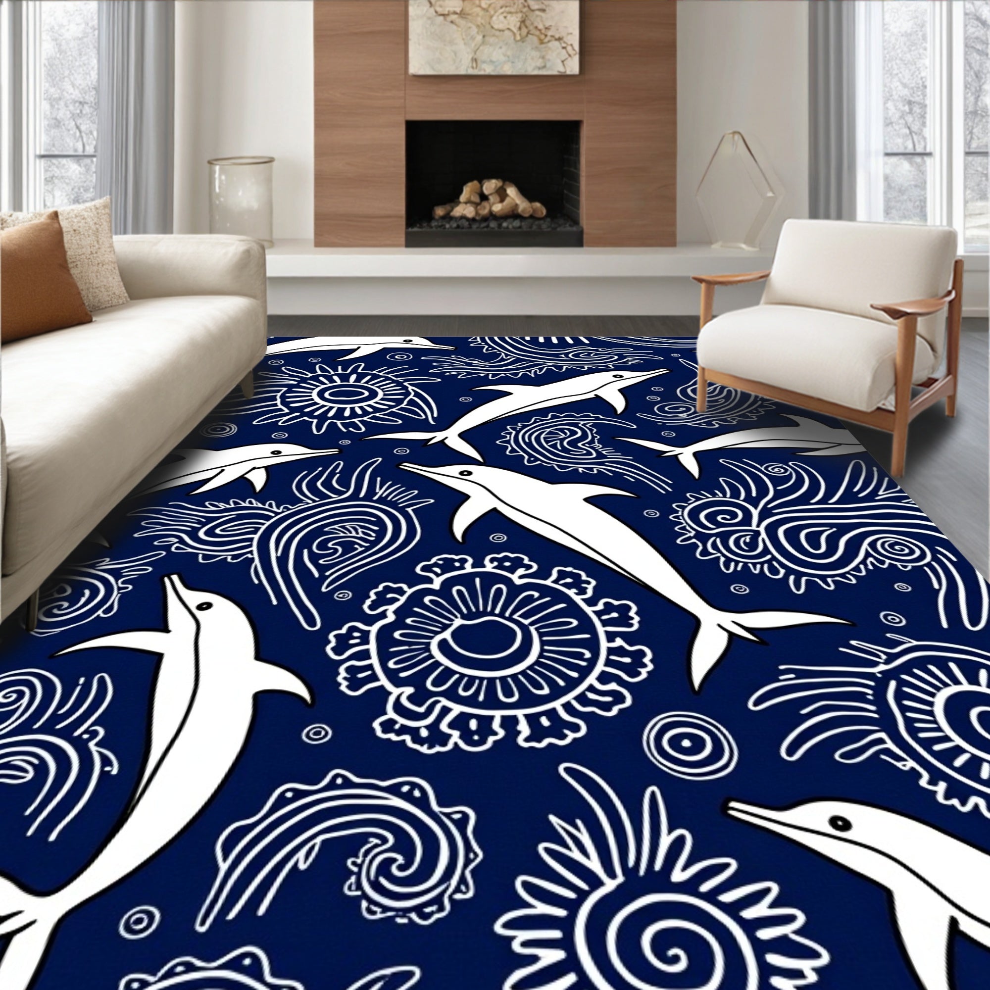 Marine White Dolphins Swirls Rug