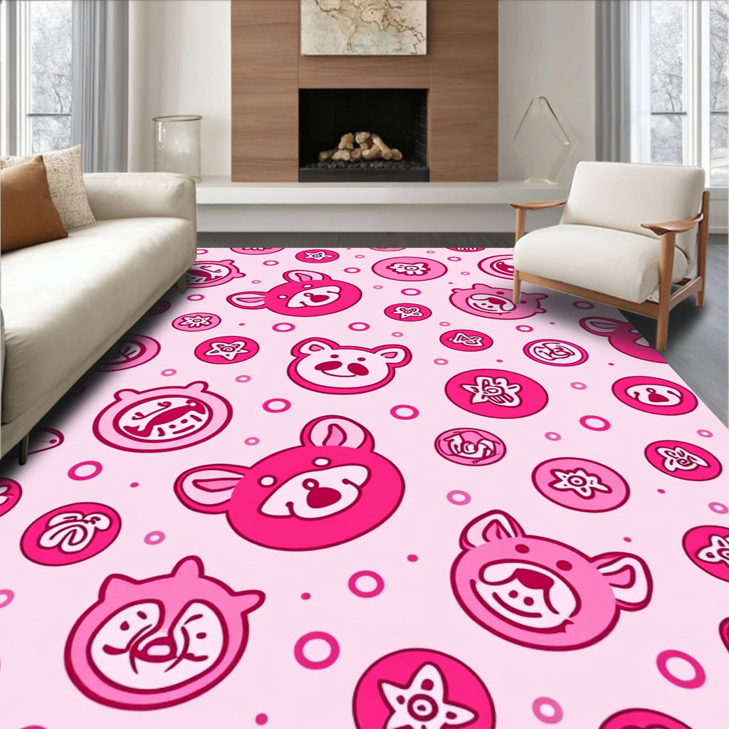 Pink Kawaii Animal Faces Circles Rug
