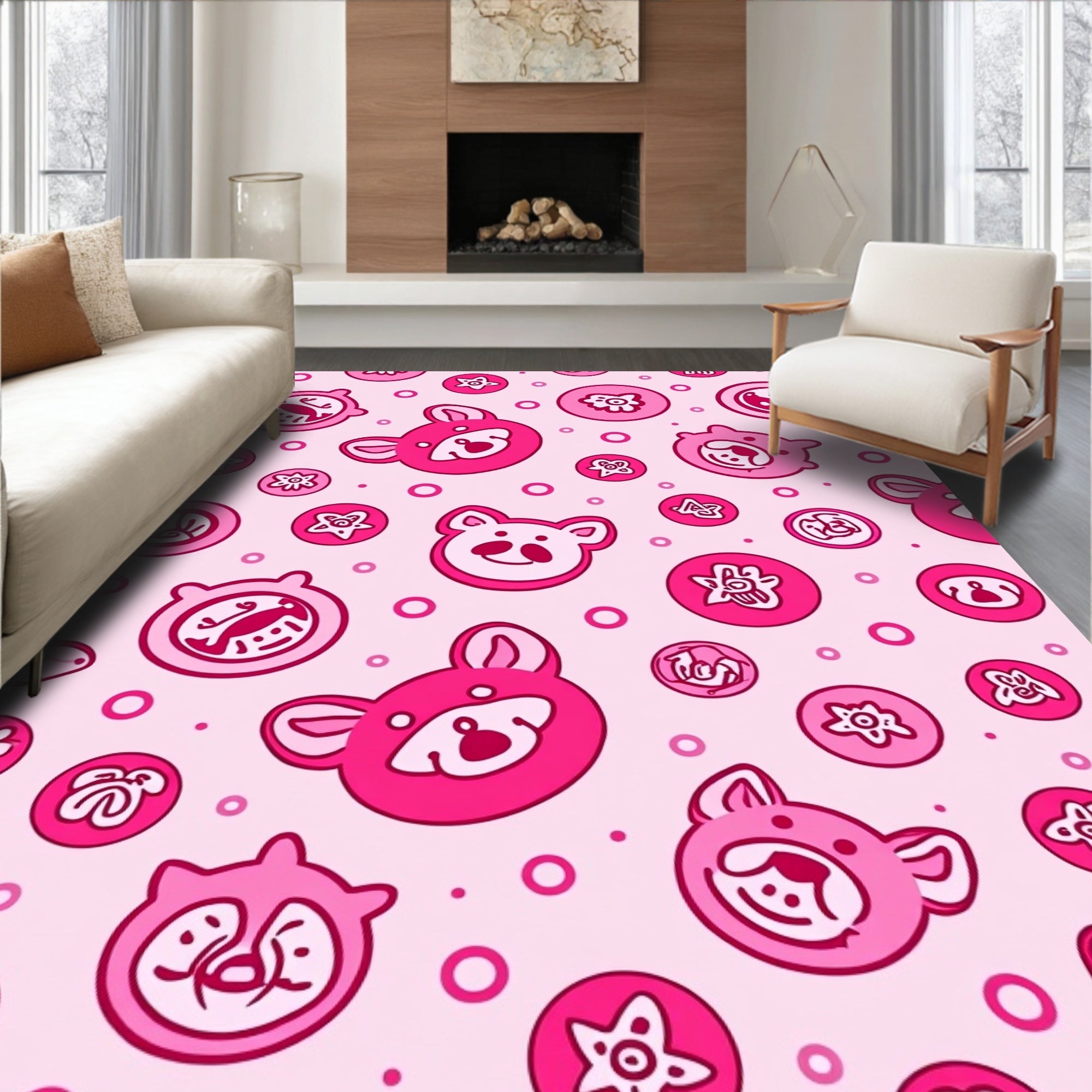 Pink Kawaii Animal Faces Circles Rug