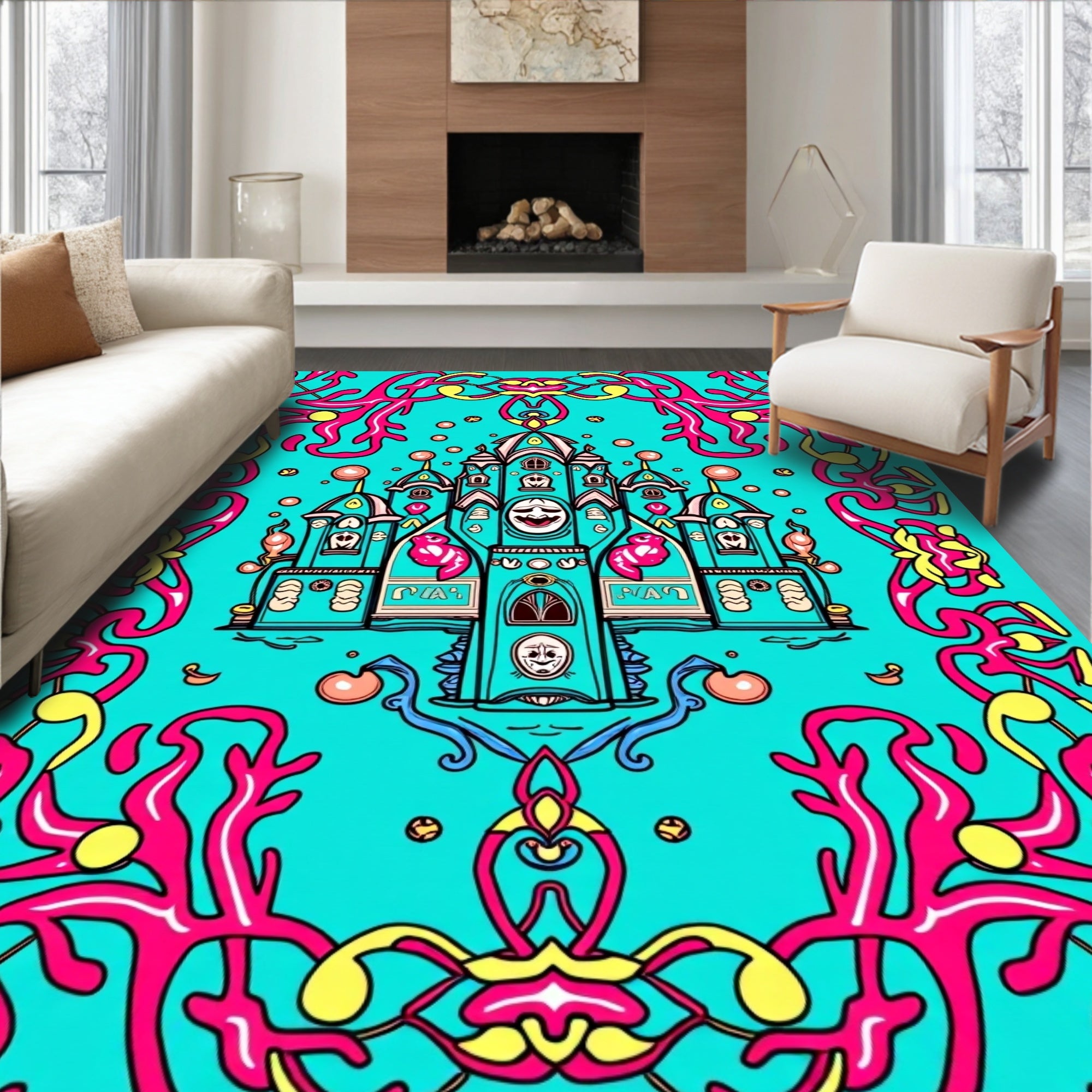 Whimsical Teal Castle Ornamental Swirl Rug