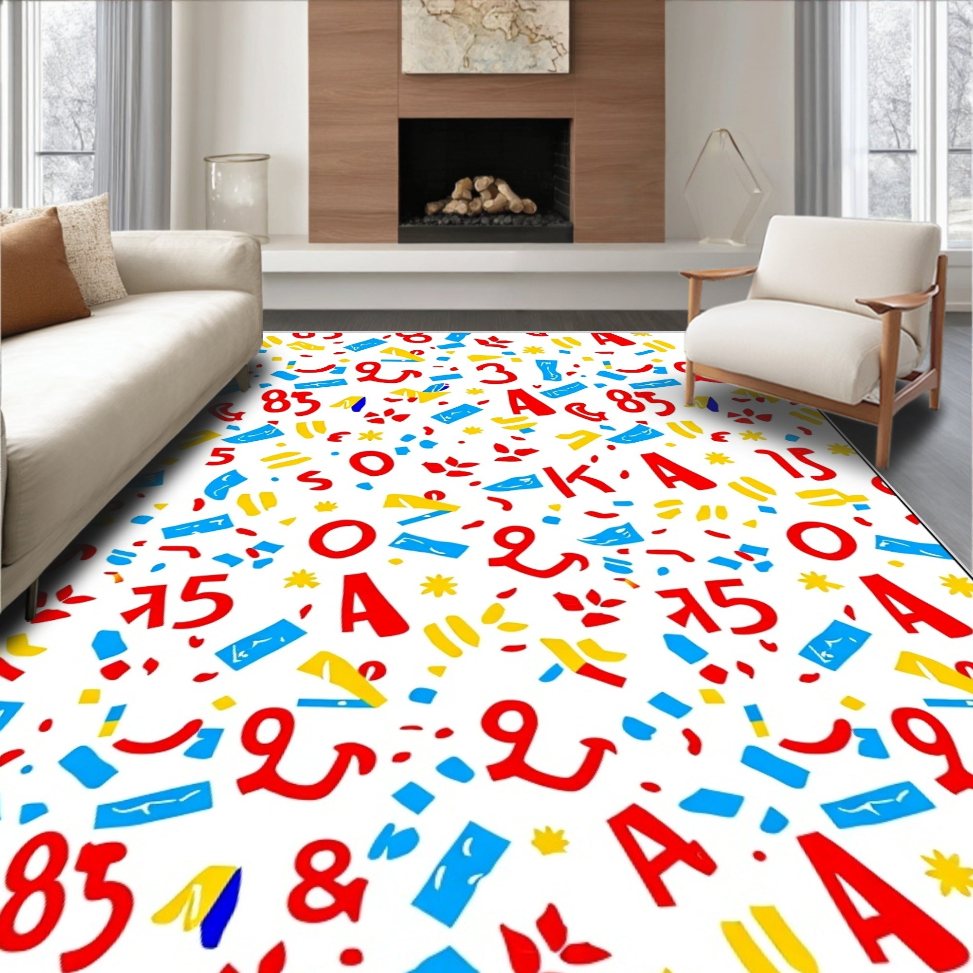 Bold Red Blue Yellow Alphabet Collage Rug
