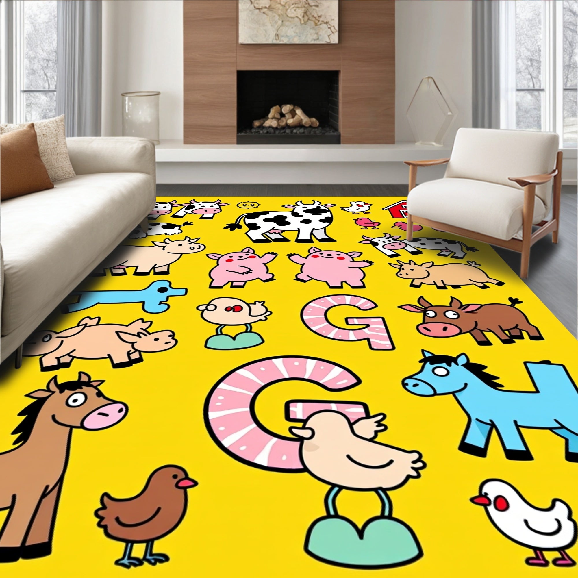 Whimsical Farm Animals Alphabet Yellow Rug