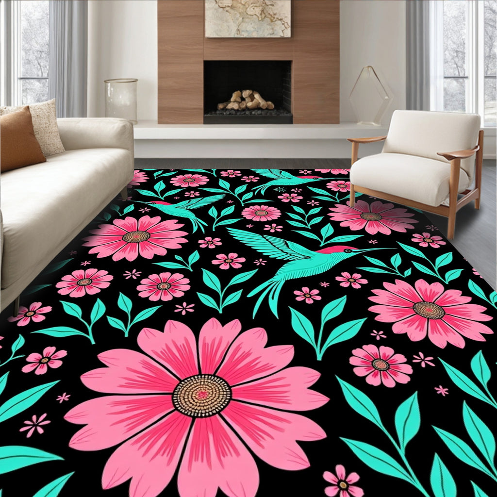 Vibrant Pink Floral Hummingbird Collage Rug