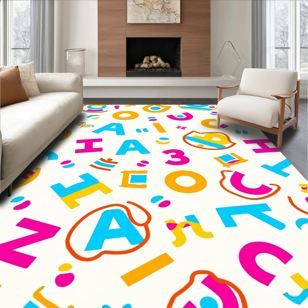 Vibrant Alphabet And Numbers Whimsical Collage Rug