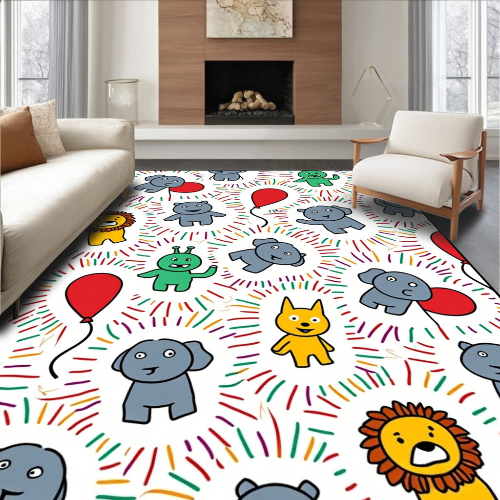 Cheerful Cartoon Animals Red Balloon Explosion Rug