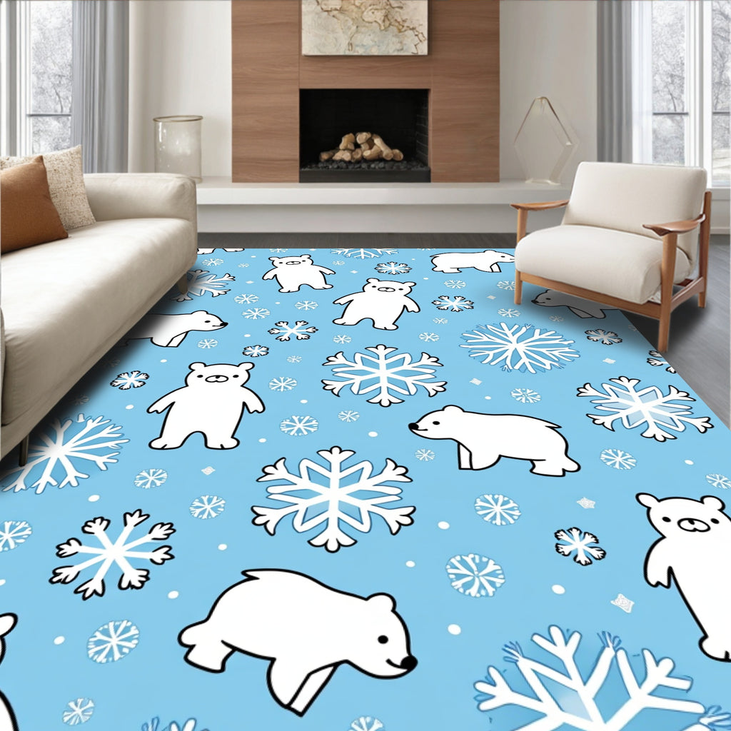 Cute Polar Bears Snowflakes Blue Background Rug