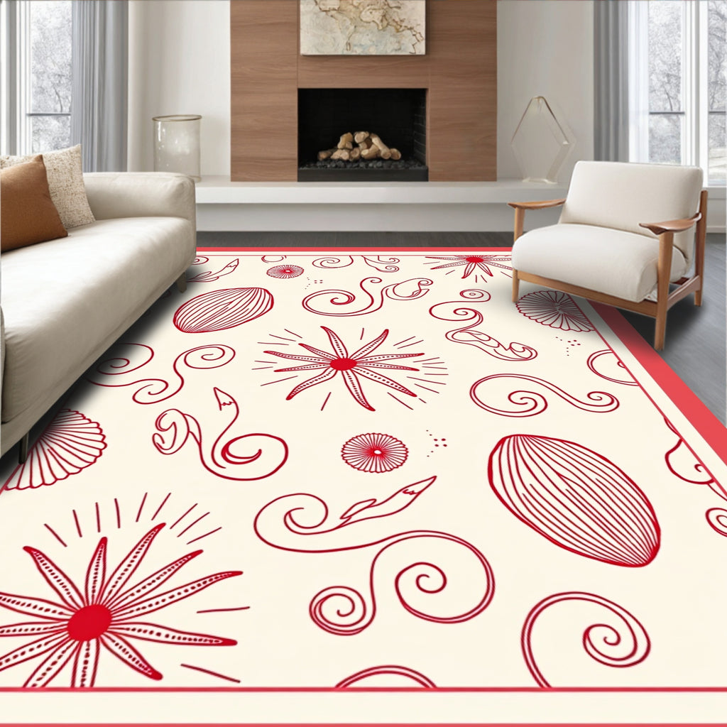 Crimson Seashell Starburst Swirls Rug