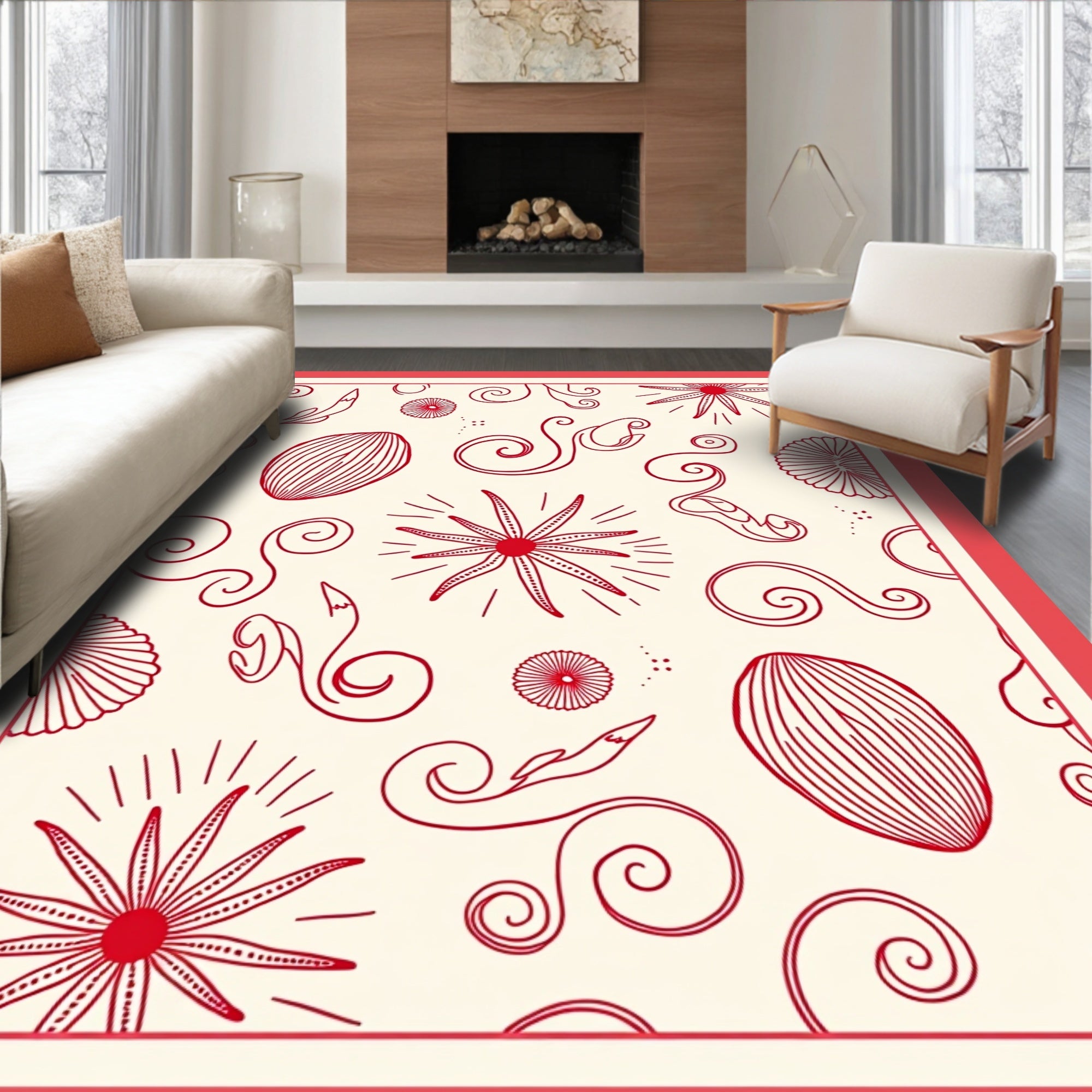 Crimson Seashell Starburst Swirls Rug