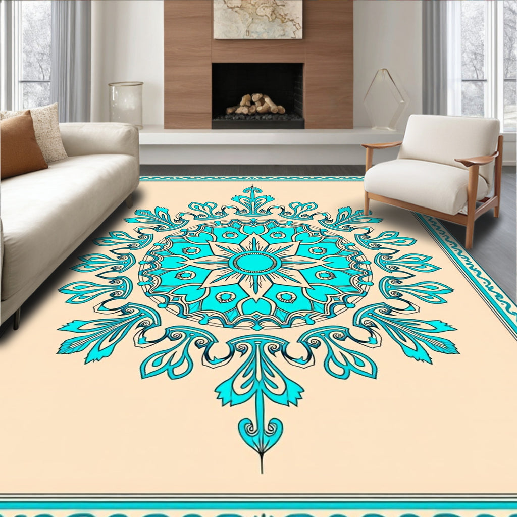 Turquoise Floral Medallion Border Rug