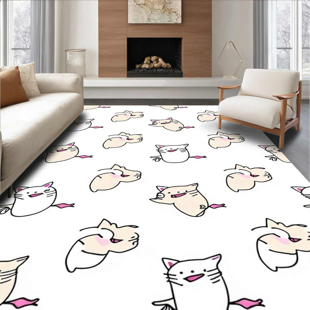 Playful Beige And White Cats Rug