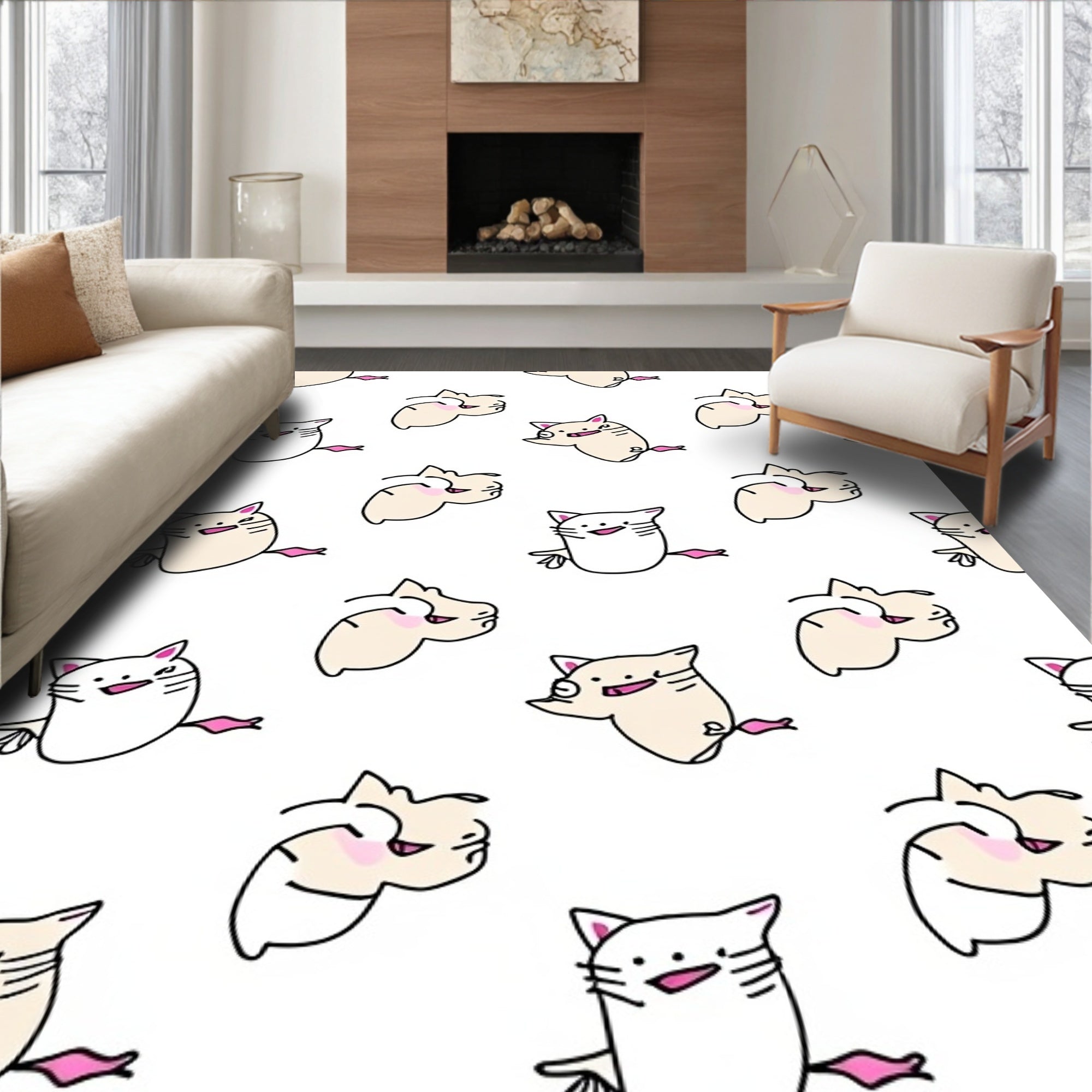 Playful Beige And White Cats Rug