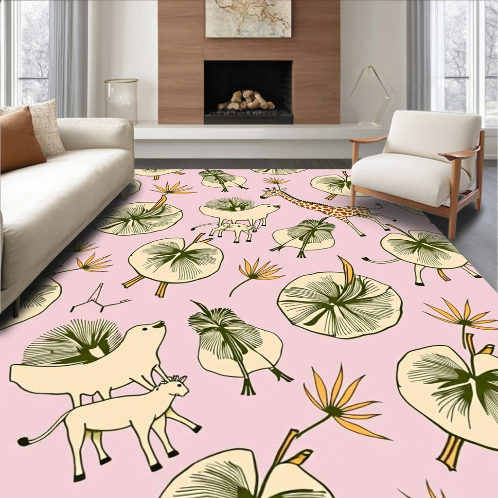 Whimsical Giraffe and Plants Pink Rug