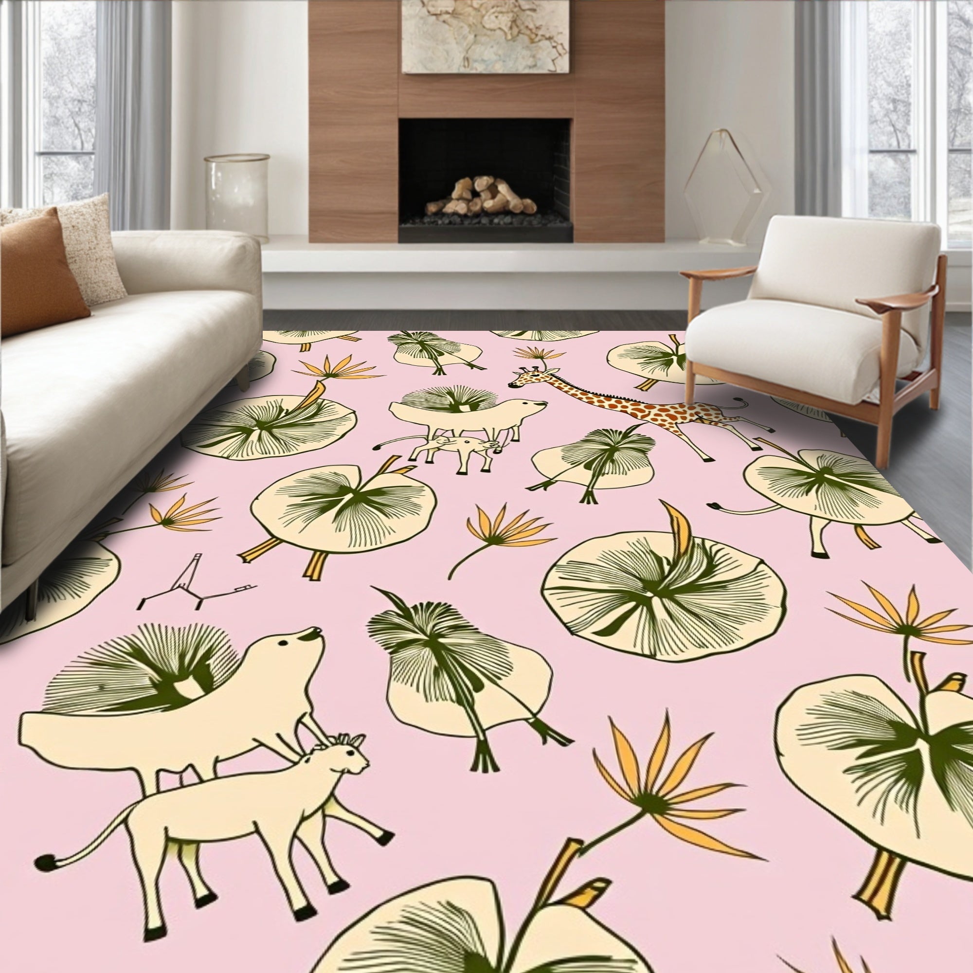 Whimsical Giraffe and Plants Pink Rug