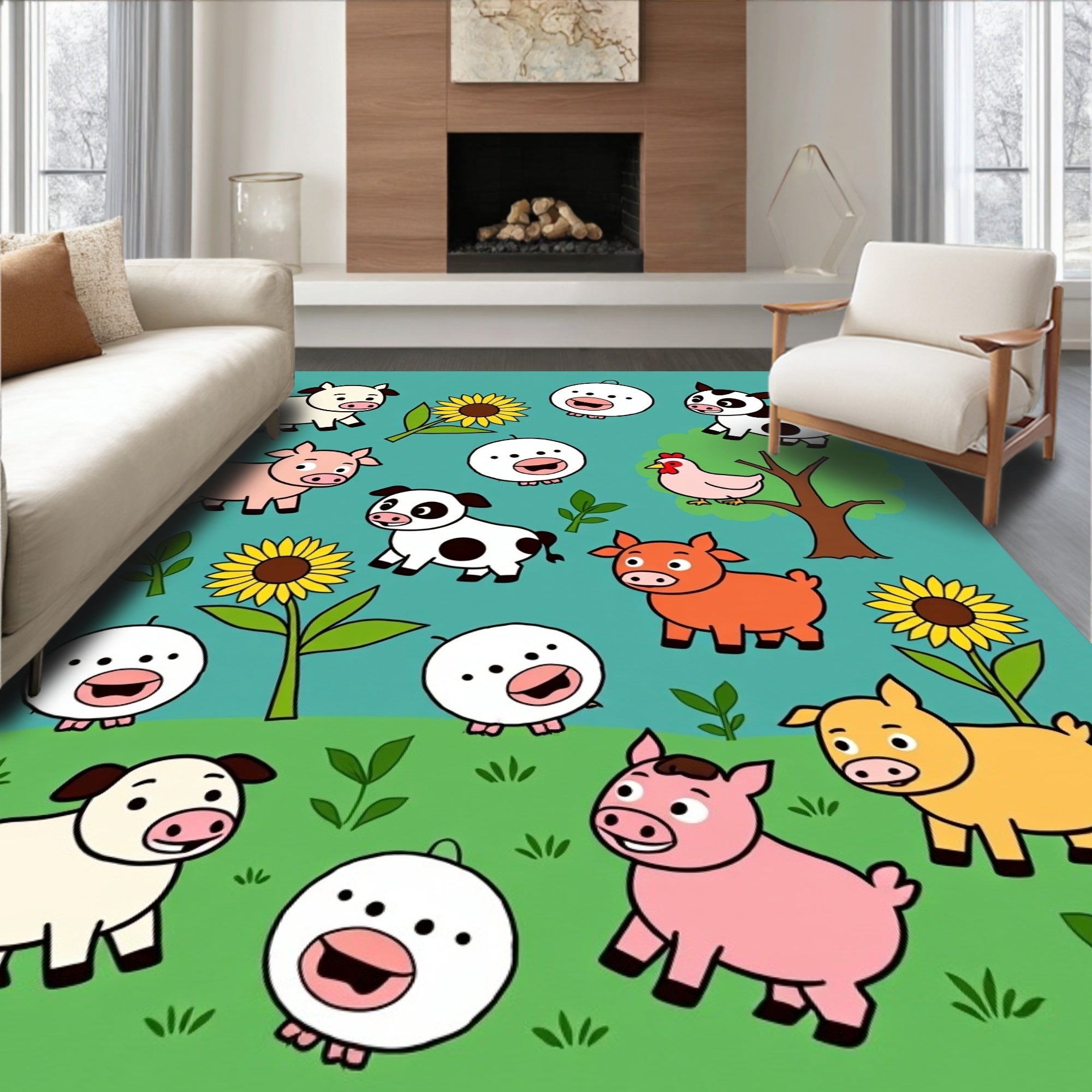 Cute Farm Animals and Sunflowers Playful Assortment Rug