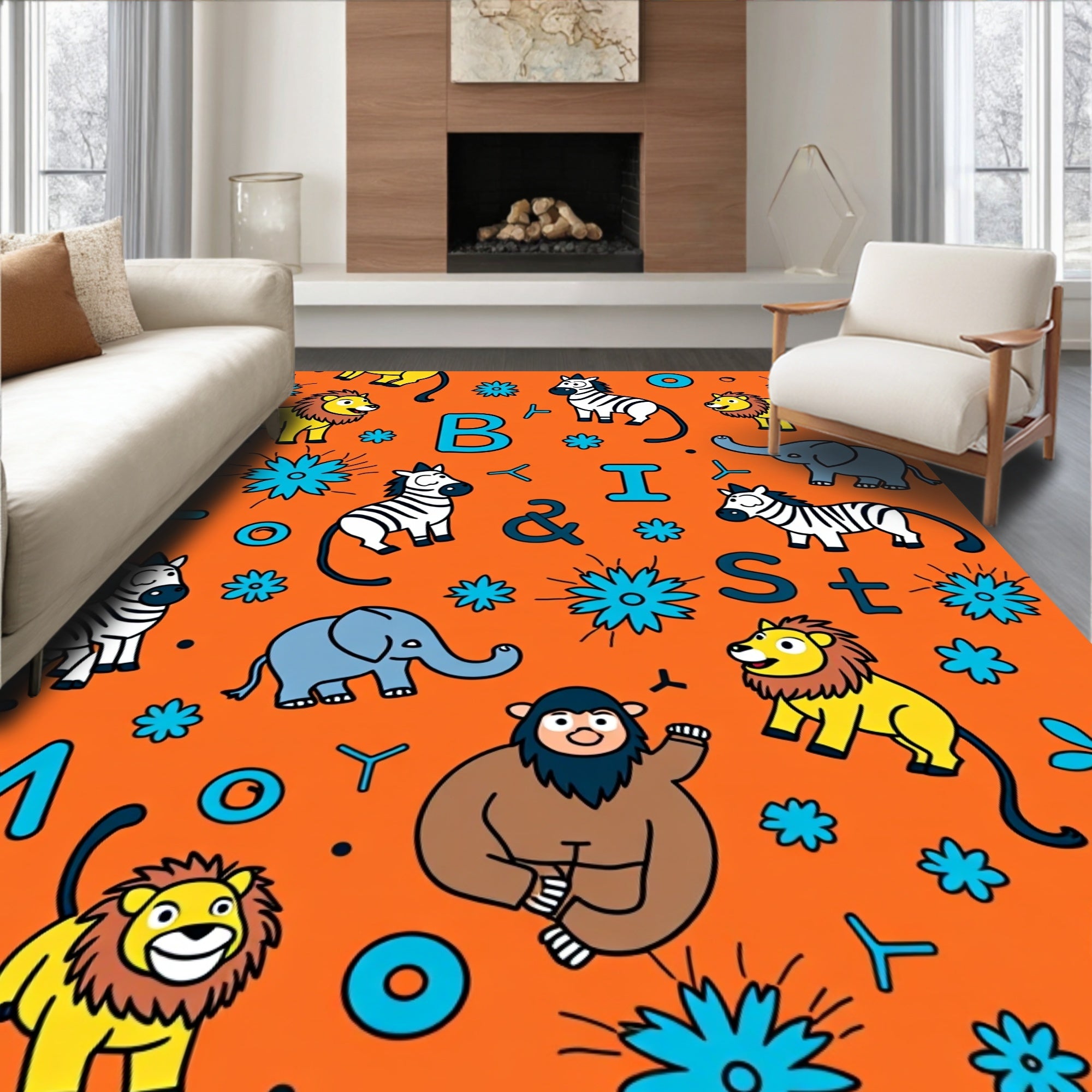 Orange Safari Animals And Letters Rug