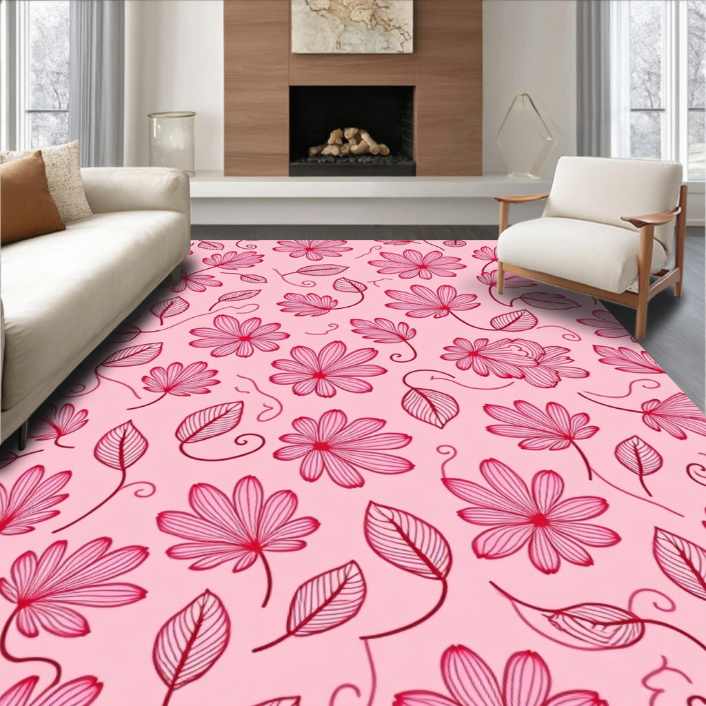Pink Floral Vines Line Art Rug