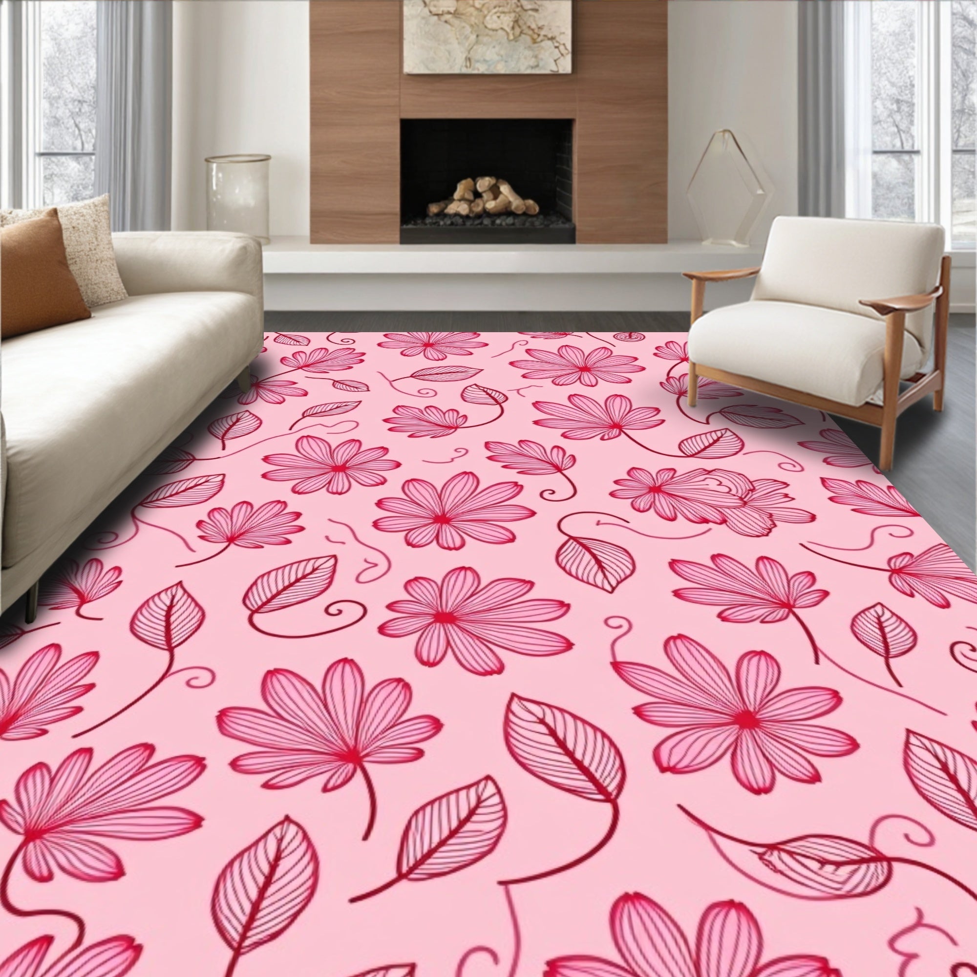Pink Floral Vines Line Art Rug